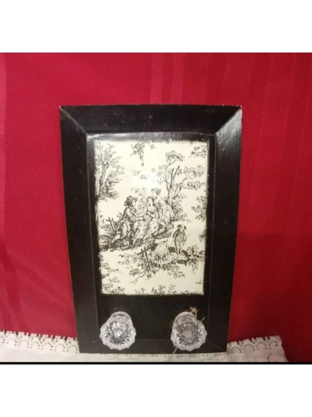 Black Frame With Vintage Toile Print & Ornate Knobs For Hanging 16" x 10" French
